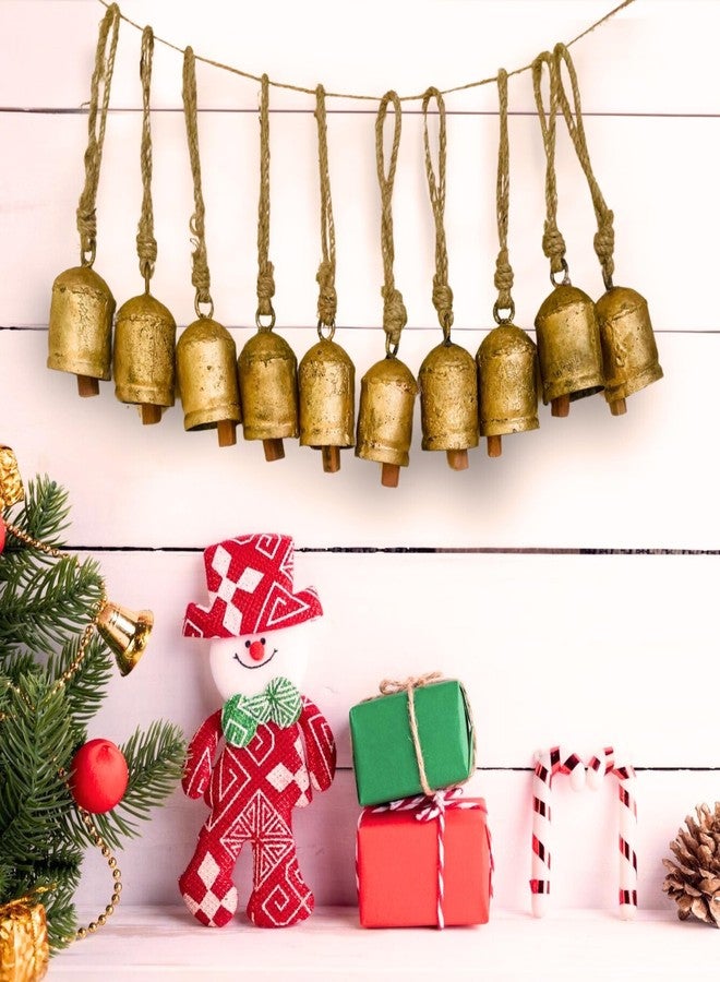Mie Creations Set of 10 Rustic Vintage Cow Bells, Handmade Christmas Bells on Jute Rope, Decorative Christmas Tree Ornaments, 2.5in Jingle Bells for Crafts, Metal Hanging Wreath Cowbells- Antique Gold - Image 2